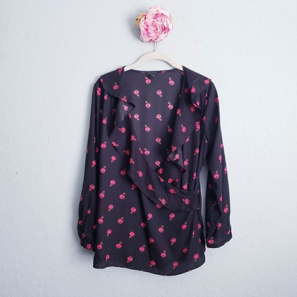 Ann Taylor Black Floral Ruffle Wrap Top